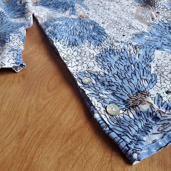Habitat 100% Linen Top Sz M White Blue Floral Button Up Lagenlook Coastal Beachy - Picture 3 of 10